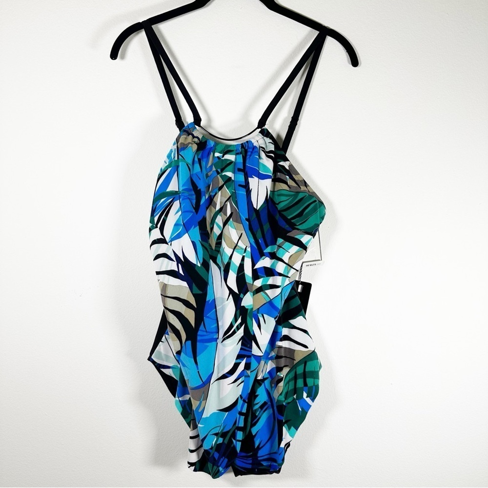 NWT $158 Magicsuit Women's Draped One-Piece Swimsuit Size 16 black and blue palm - Picture 2 of 9